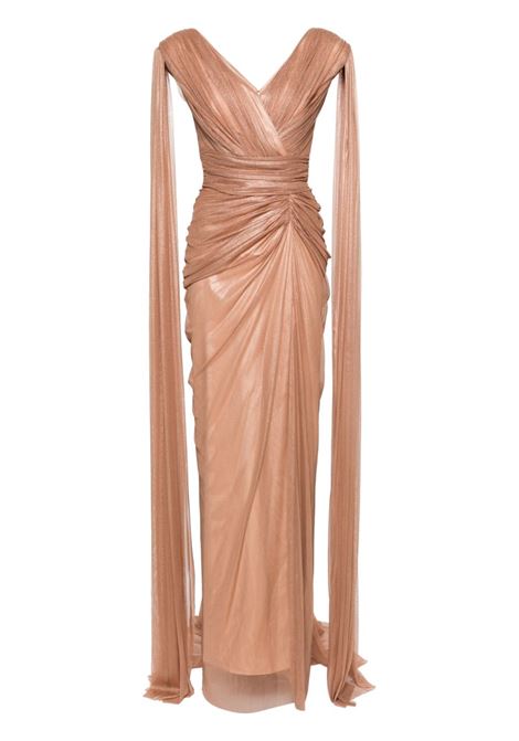 Bronze V-neck asymmetric ruched gown Rhea Costa - women